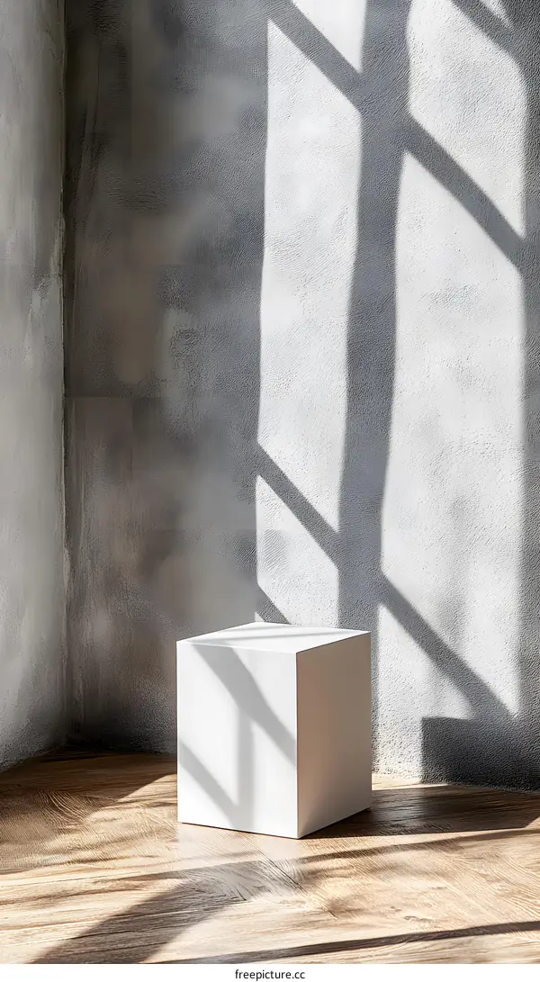 White Cube On Wooden Floor With Sun Light Shadow