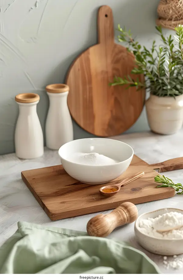 White Powder in White Bowl on Wooden Cutting Board with Wooden Utensils