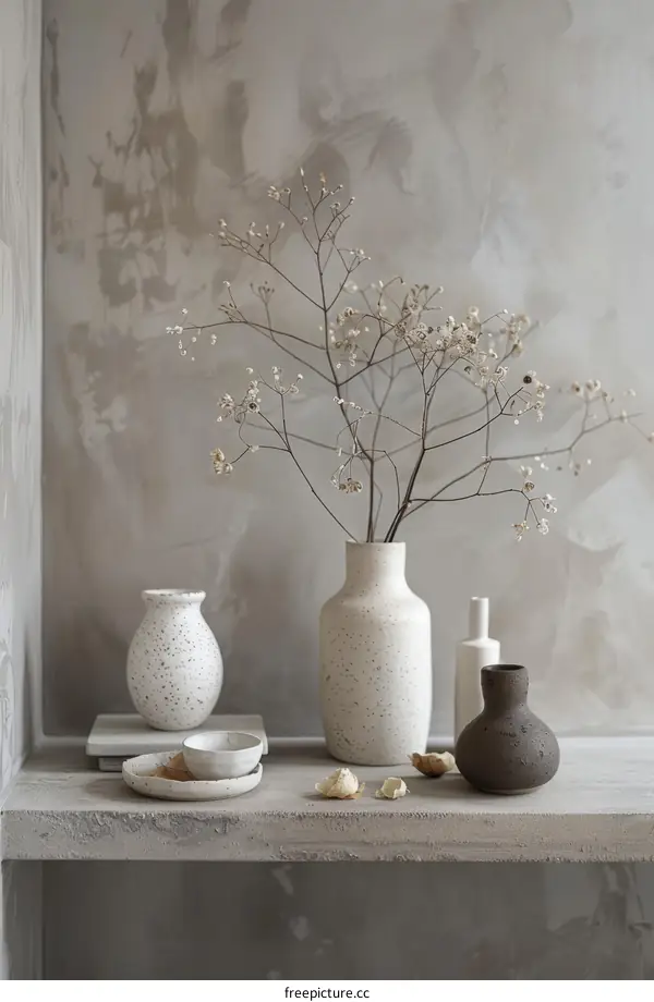 A Still Life of Three Vases and a Bowl with Dried Flowers