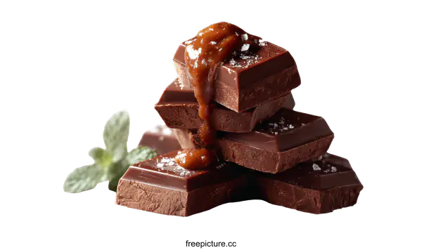 [Transparent Background PNG]Delicious Dark Chocolate Bar Stack with Caramel Sauce