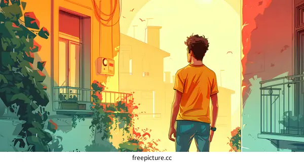 A young man standing on a balcony looking out at the city