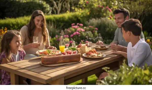 Happy family having lunch in garden