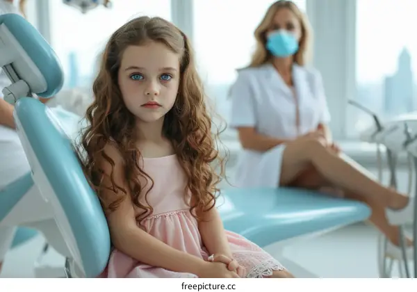 Little girl sitting in a dentist chair with a worried look on her face while a dentist looks on in the background