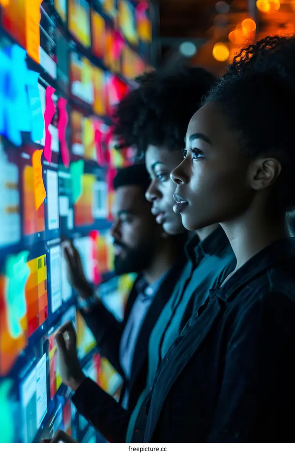 Three people looking at a digital screen