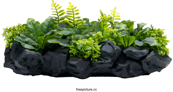 [Transparent Background PNG]Artificial Green Plants On Black Rock