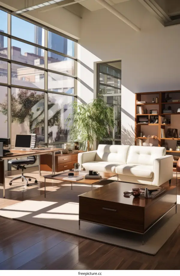 Modern Office Interior with Desk, Sofa, Table and Large Window