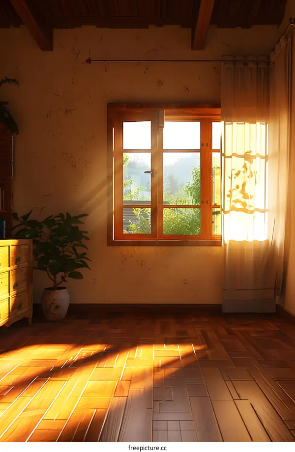 Sunlight streaming through a window in a rustic wooden room