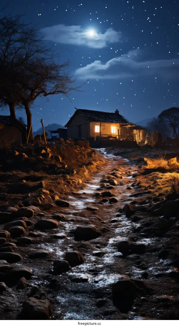 Rocky path leading to a small house in the mountains at night