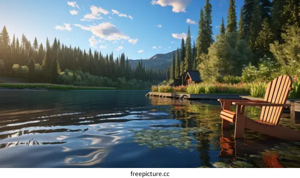Calm Lake with Dock and Cabin in Nature
