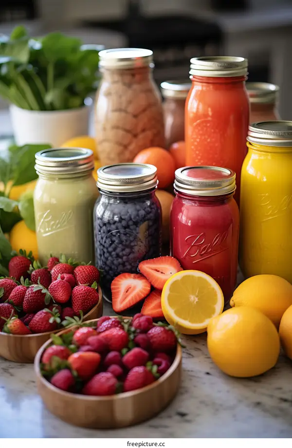 Colorful Fruit Juices on Kitchen Counter