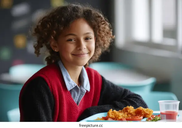 Smiling Girl Enjoying School Lunch