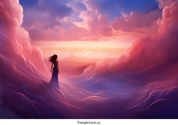A woman standing on the cloudscape and looking at the sunset