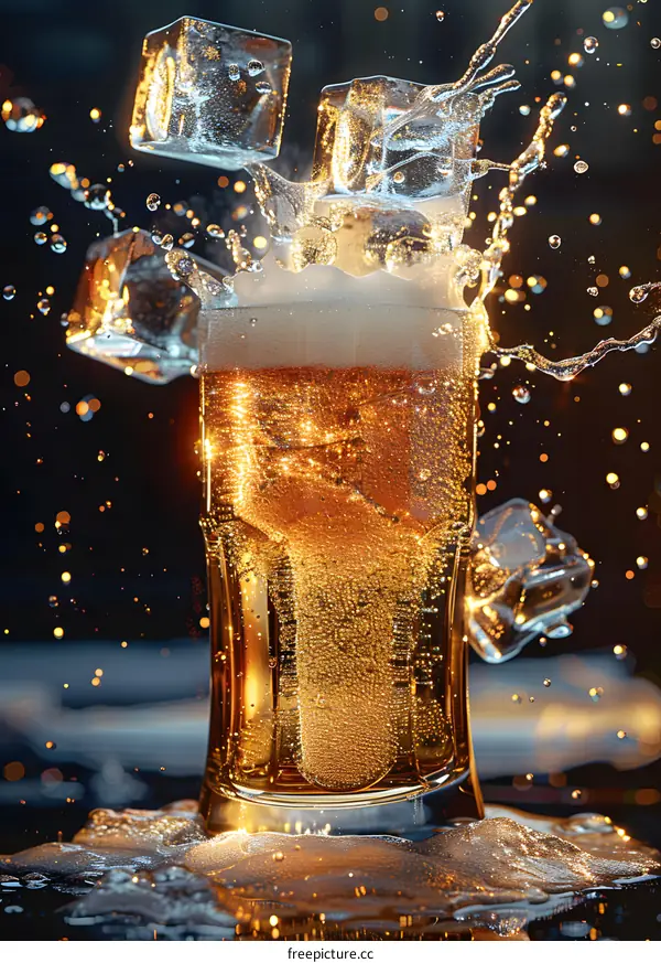 Closeup of a Glass of Beer With Ice Cubes Splashing