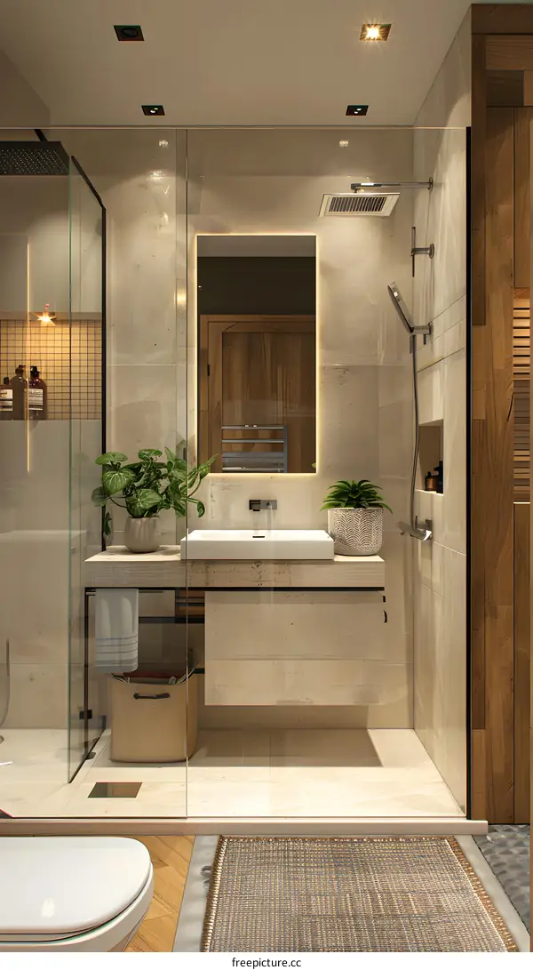 A modern and minimalist bathroom design featuring natural stone and wood elements, creating a serene and comfortable atmosphere.