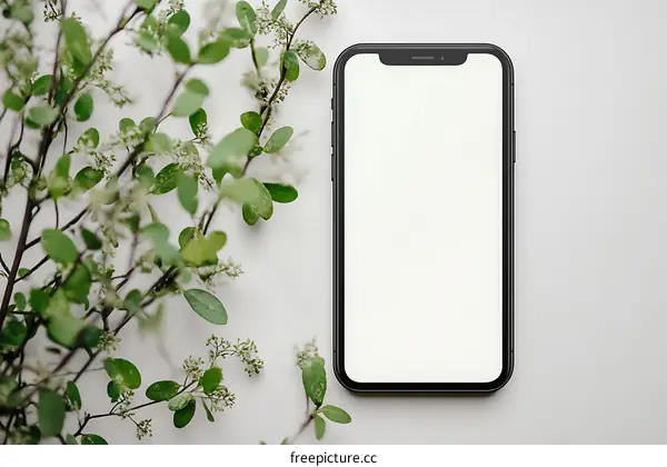 Black Smartphone Mockup with Green Branches