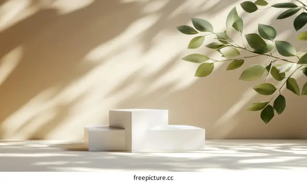 Minimalist Product Showcase with Soft Lighting and Green Leaves
