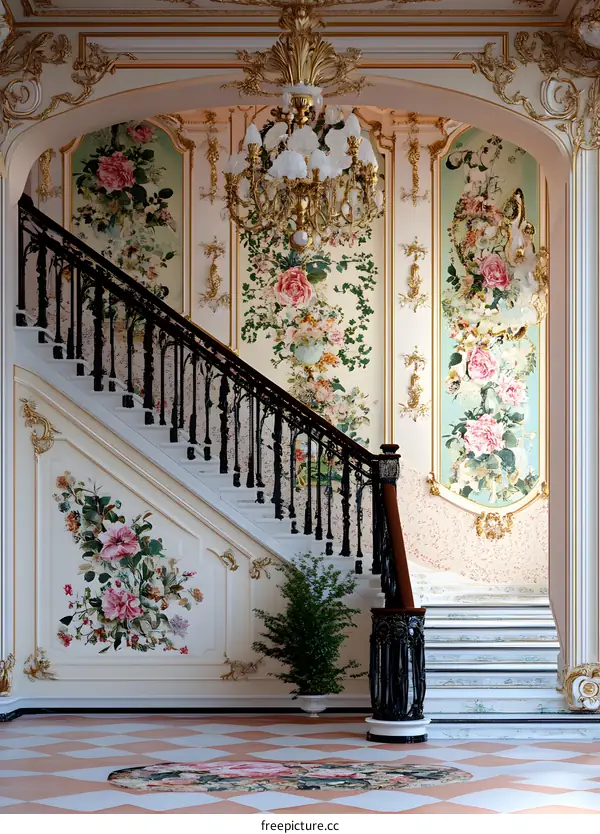 White Staircase with Floral Wall Decor