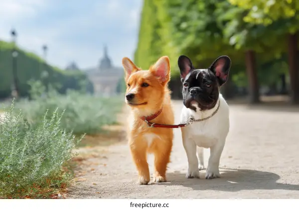 Two Dogs Walking in a Park