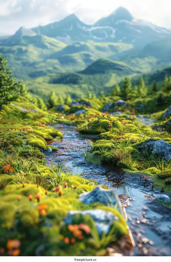 Lush green valley with small river and distant mountains