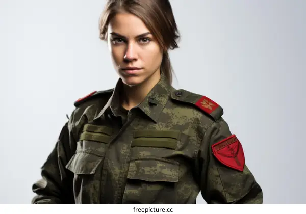 Portrait of a young and beautiful female soldier