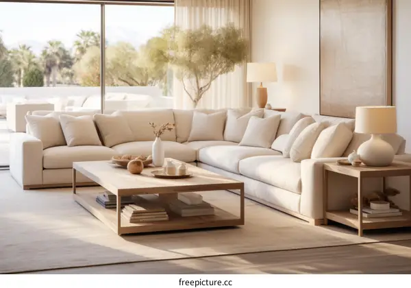 Spacious Modern Living Room with Comfy Sofa and Stylish Coffee Table