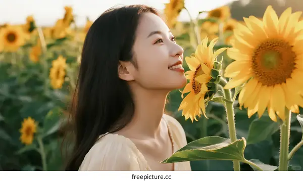 A Young Woman Standing Amid Vibrant Sunflowers in a Field