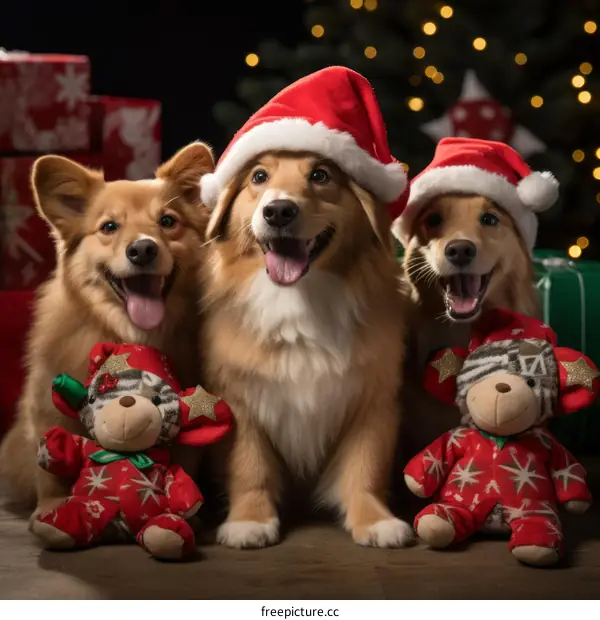 Three Happy Dogs in Santa Hats with Christmas Gifts