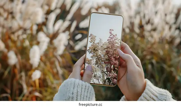 Person Holding Smartphone Capturing Autumn Scene