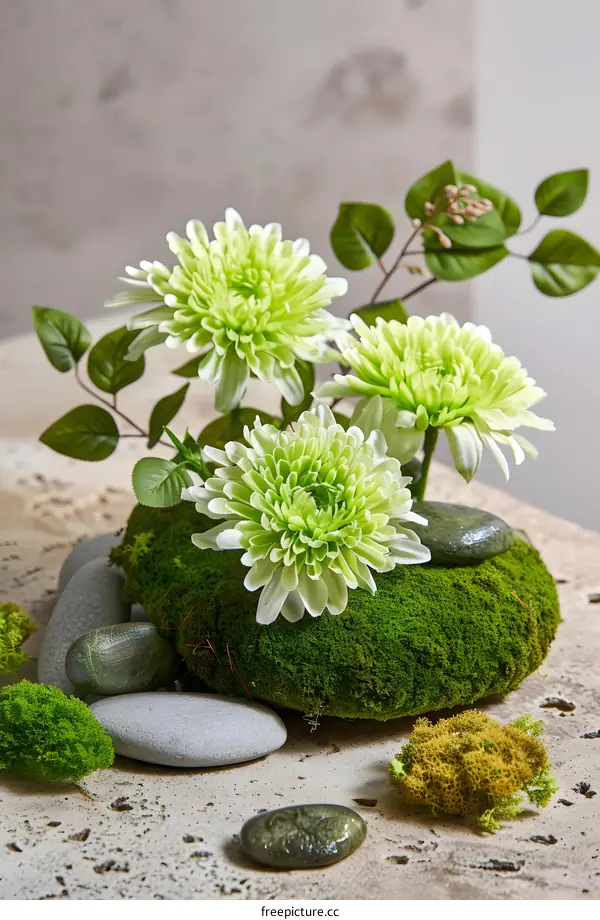 Green Flowers on Moss and Stones