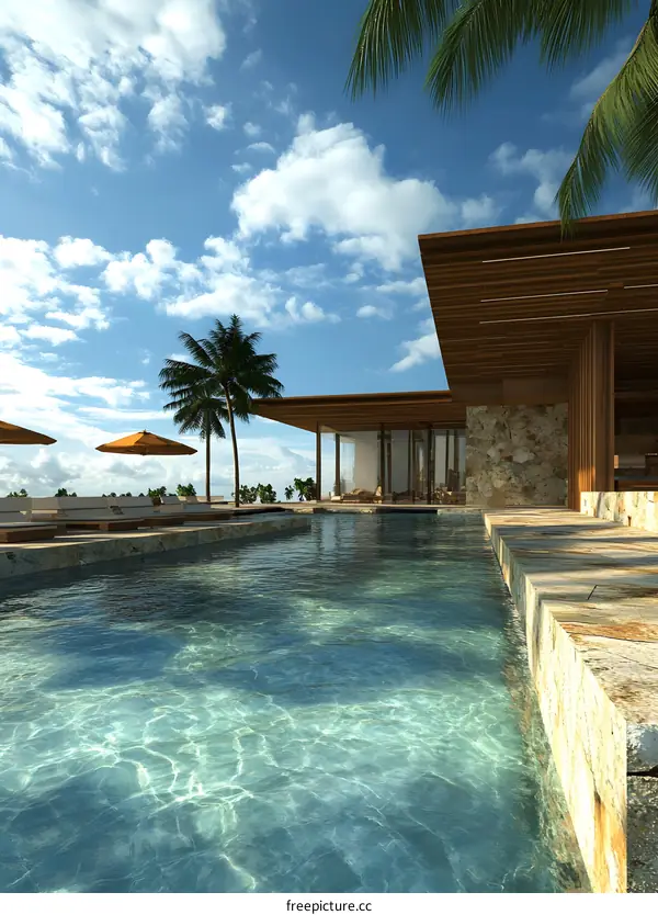 Modern Tropical Villa With Infinity Pool And Palm Trees