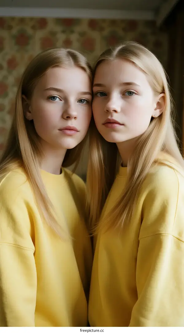 Two young blonde twin girls in yellow sweatshirts standing close together
