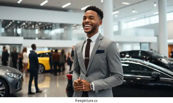 Car salesman standing in a car dealership showroom
