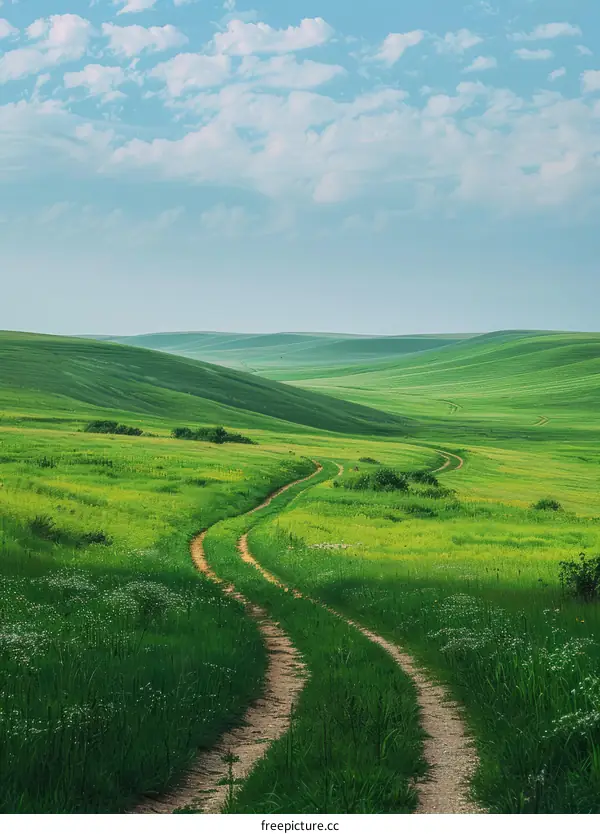 Rural dirt road winding through green hills