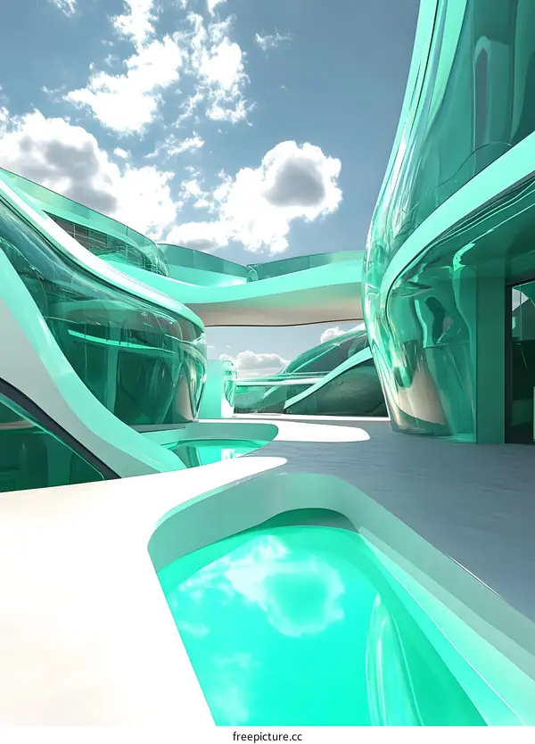 Futuristic Architecture with Curved Glass Walls and Pools