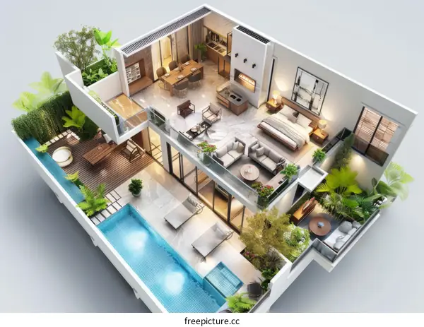 3D rendering of a modern luxury villa with pool
