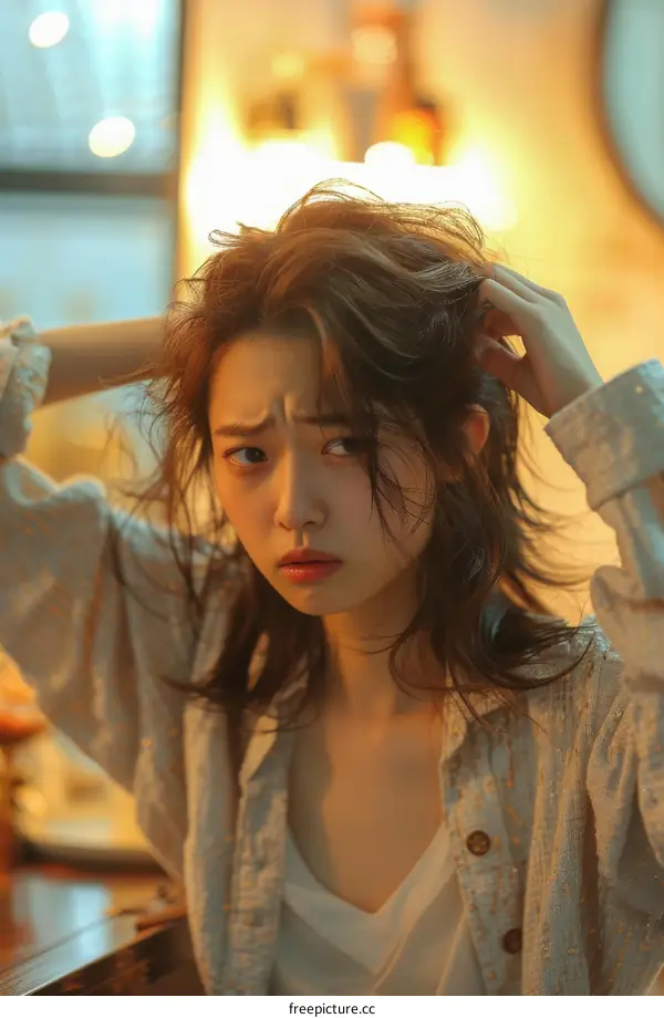 A young Asian woman is holding her head and looking at the camera with a confused expression on her face