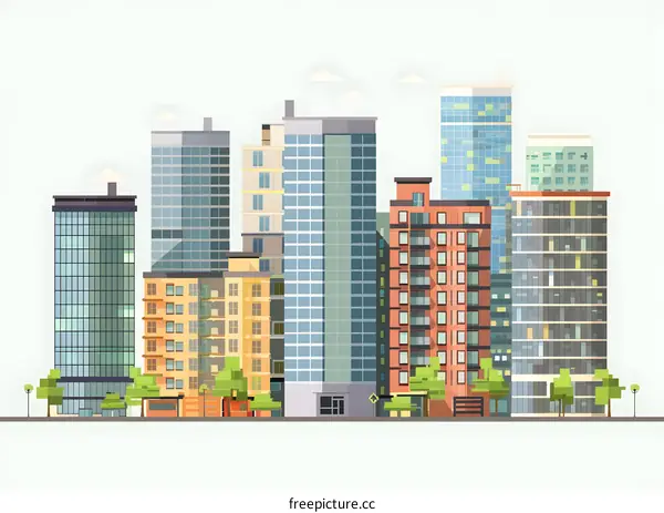 Flat Style Cityscape Illustration with High Rise Buildings