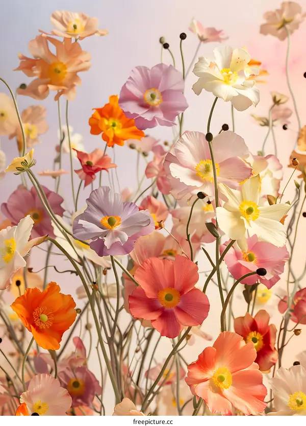Pastel Colored Flowers with White Background