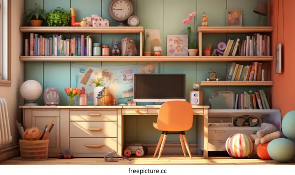 Cozy home office with lots of bookshelves and toys