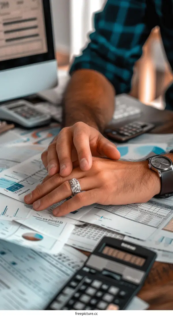 A businessman is looking at a report with his hand on his chin