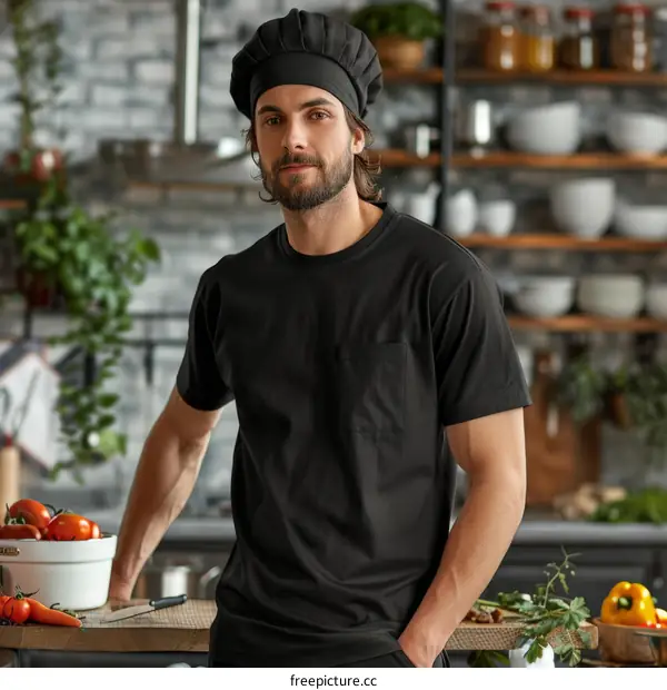 Young male chef in black uniform standing in the kitchen