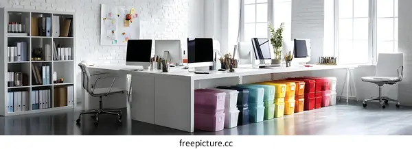 Modern Minimalist Office Workspace with Colorful Storage