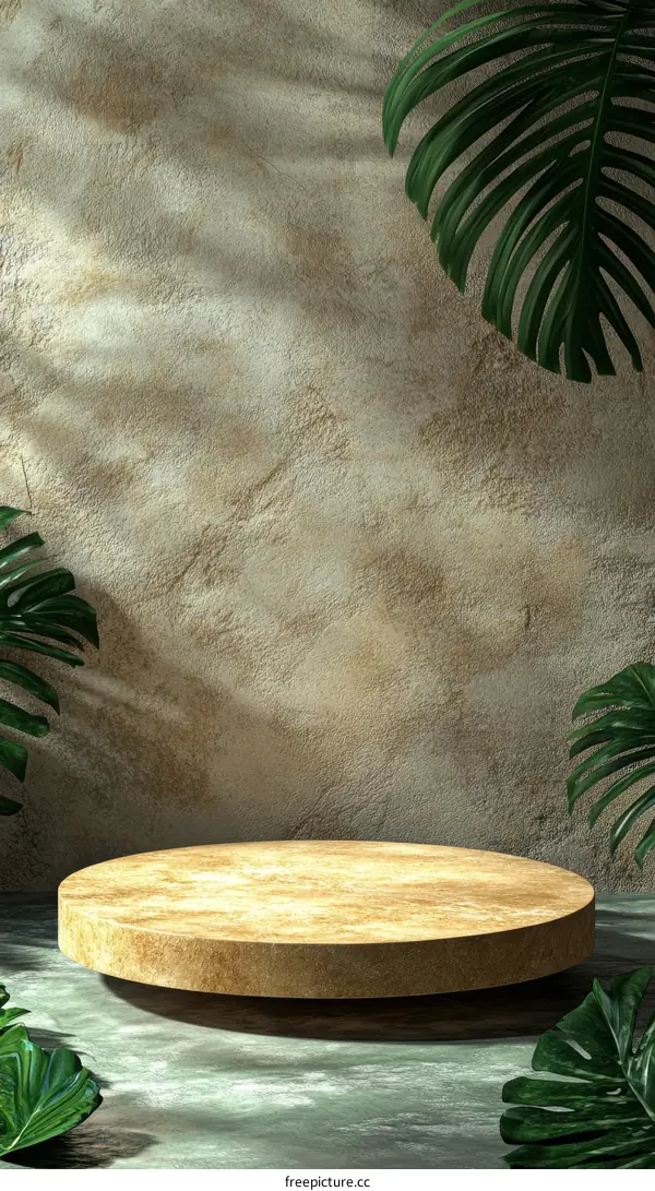 Beige Round Display Podium with Tropical Plants