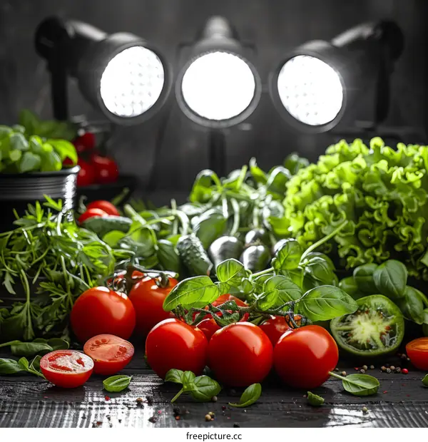 Fresh vegetables and herbs on a wooden table