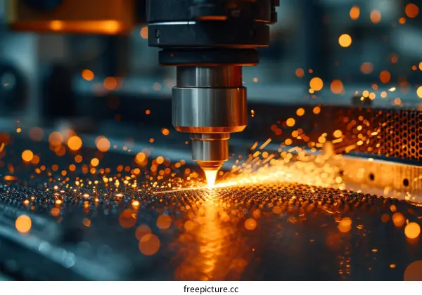Industrial Laser Cutting Machine Cuts Metal with Sparks