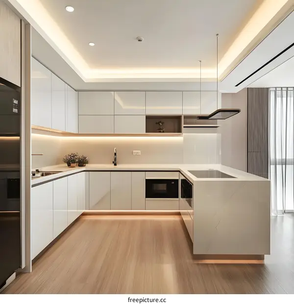 Modern Kitchen Interior Design With White Cabinets And Wooden Floor