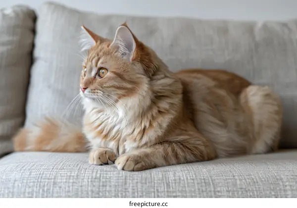 A ginger cat is sitting on a gray sofa looking away