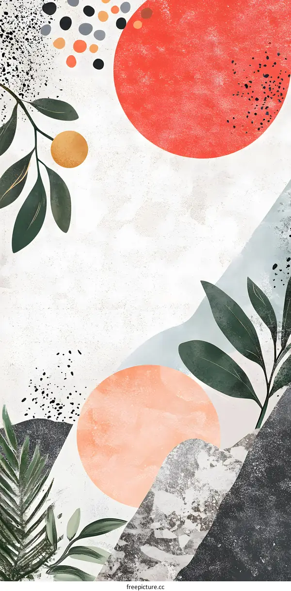 Abstract Watercolor Artwork with Green Leaves and Circles