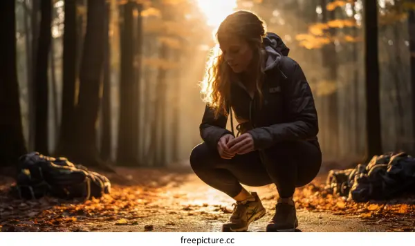 Young woman crouching in the woods