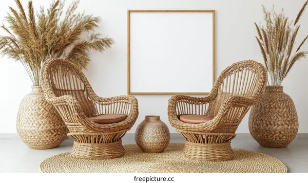 Bohemian Living Room Interior Design with Rattan Furniture